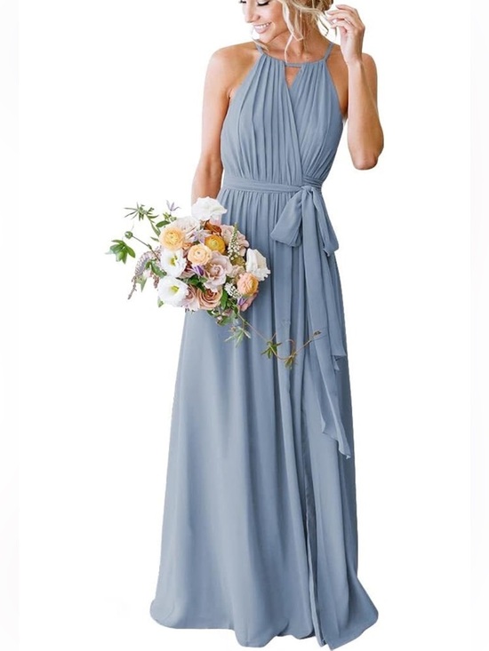Dresses & Skirts - Sleeveless Pleated Halter Maxi Dress in Dusty Blue 16